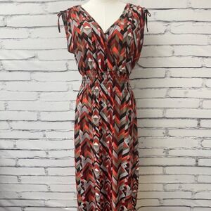 FC Geometric Chevron Print Maxi Dress Orange Black Smocked‎ Waist Size M-L